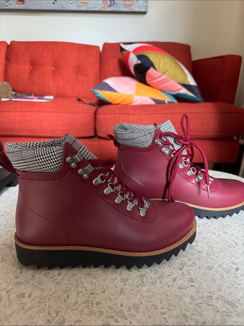 Bernardo Women’s Burgundy Lace-Up Hiking Boots with Plaid Collar